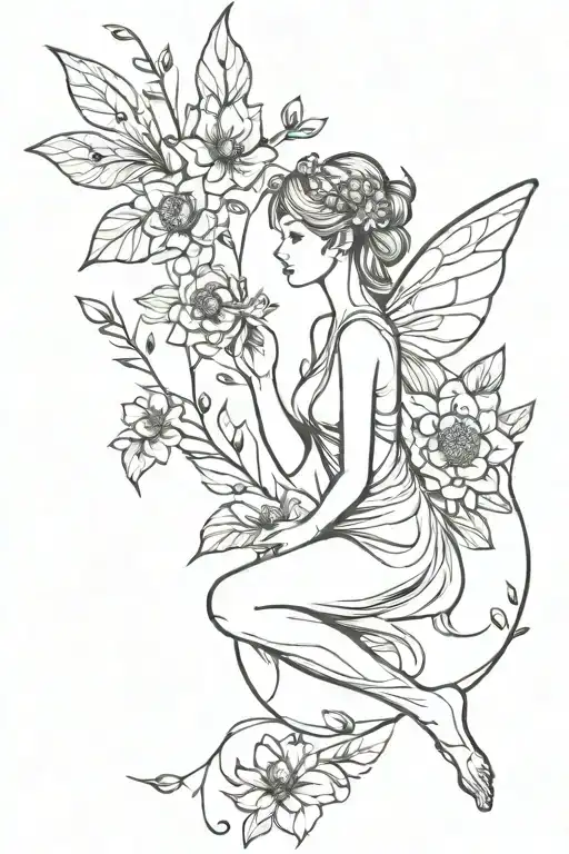 fairy and flowers tattoo design idea