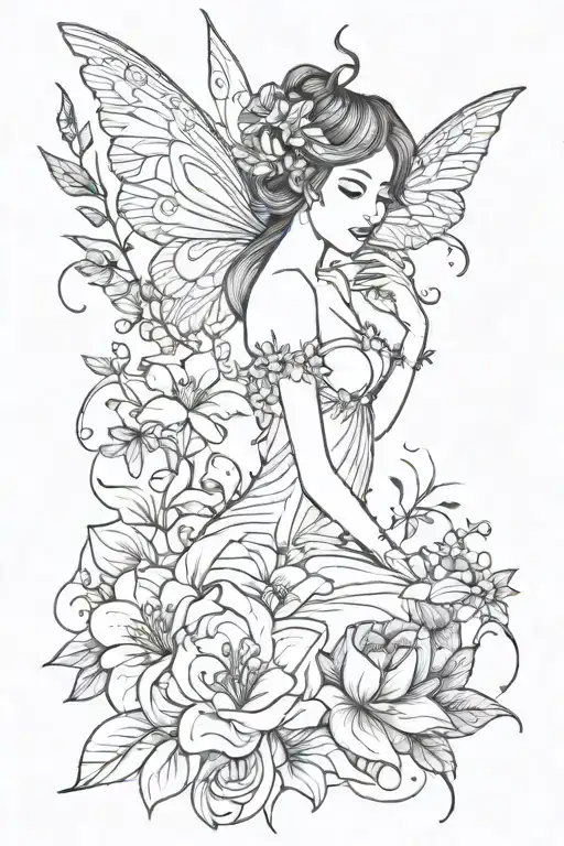 fairy and flowers tattoo design idea