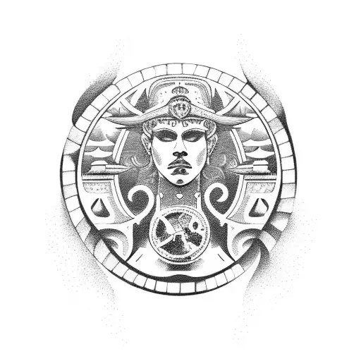 A dotwork illustration of a taxi driving through the gates of Hércules' mythical realm tattoo design idea