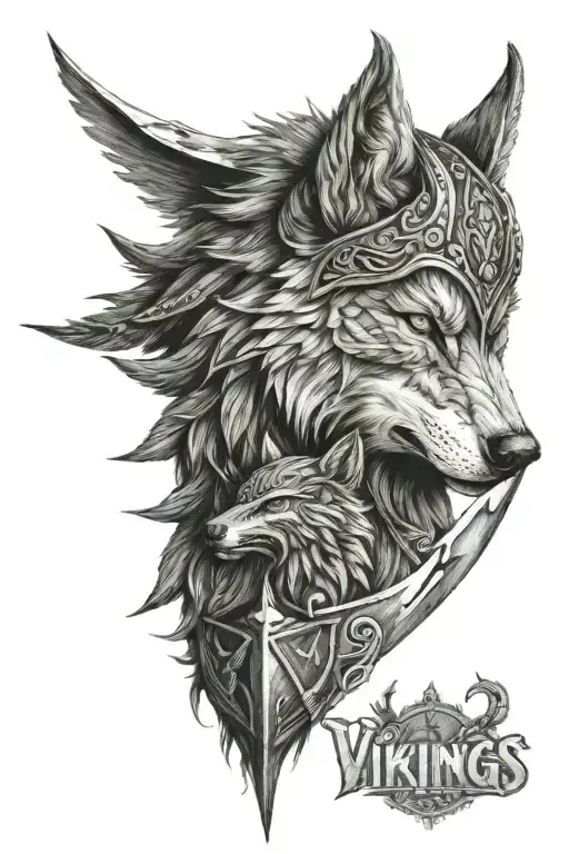 vikings, wolf, ship tattoo design idea