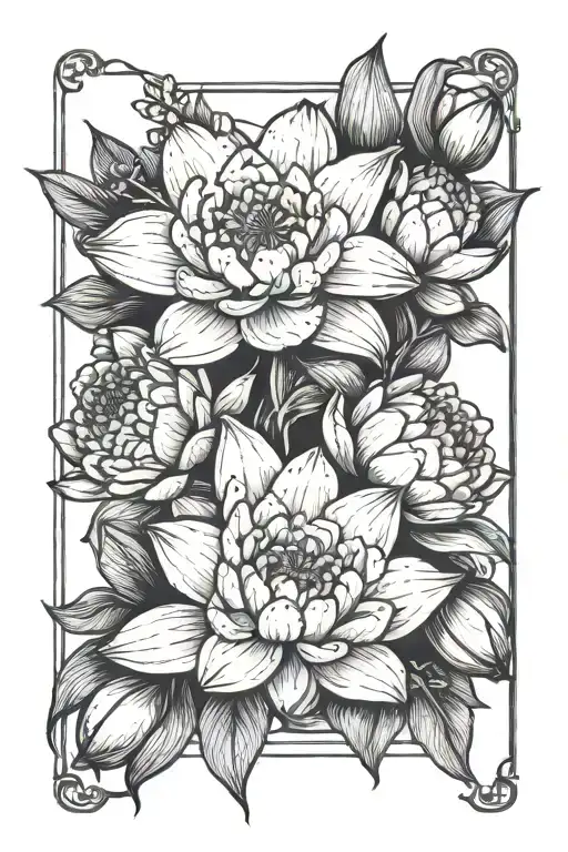 carnation, snowdrop, delphinium and water lily flower tattoo design idea