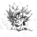 A sketch-style depiction of Goku from Dragon Ball Z surrounded by celestial bodies tattoo design idea