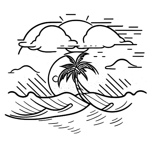 Palm Tree and sun and wave tattoo design idea