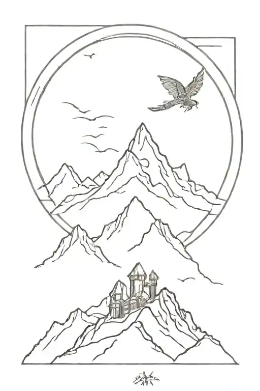 Velaris mountains, three dragons in the sky, train running at the base of the mountain, wolf howling towards the sky tattoo design idea