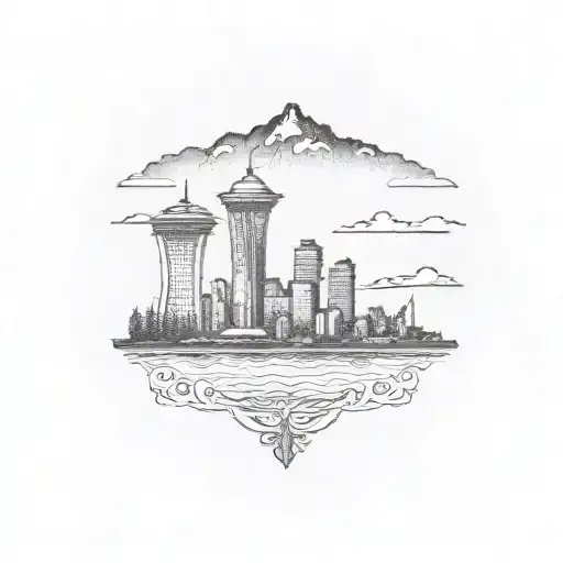 A dotwork tattoo featuring a scenic view of Vancouver's skyline with a river flowing through, complemented by a coffee bean border. tattoo design idea