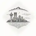 A dotwork tattoo featuring a scenic view of Vancouver's skyline with a river flowing through, complemented by a coffee bean border. tattoo design idea