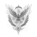 Create a blackwork tattoo of a phoenix rising from the ashes, inspired by Harry Potter with the time Turner in the backg tattoo design idea