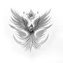 Create a blackwork tattoo of a phoenix rising from the ashes, inspired by Harry Potter with the time Turner in the backg tattoo design idea