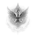 Create a blackwork tattoo of a phoenix rising from the ashes, inspired by Harry Potter with the time Turner in the backg tattoo design idea
