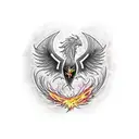 Create a blackwork tattoo of a phoenix rising from the ashes, inspired by Harry Potter with the time Turner in the backg tattoo design idea