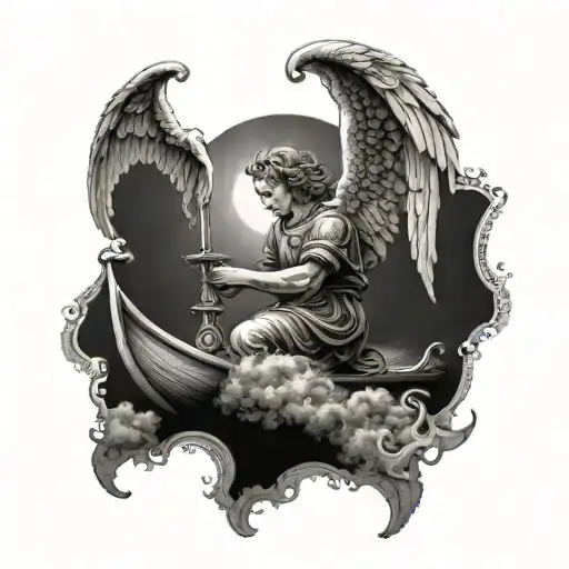 A dotwork tattoo of a guardian angel watching over your brother as he sails on a boat through stormy seas, symbolizing protection and guidance tattoo design idea