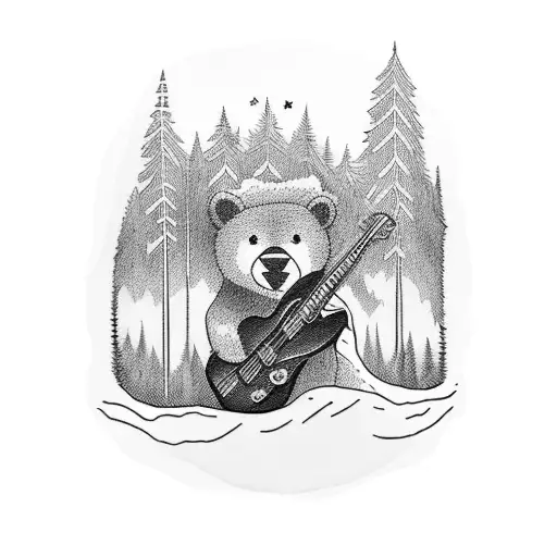 A blackwork tattoo featuring a bear playing a guitar in a forest clearing tattoo design idea