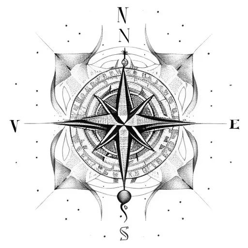 A dotwork design of a compass surrounded by musical notes and hiking boots tattoo design idea