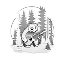 A blackwork tattoo featuring a bear playing a guitar in a forest clearing tattoo design idea