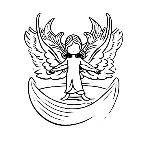 A minimalist design of an angel holding the letter T against a sunny backdrop tattoo design idea