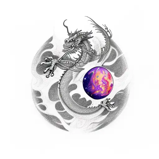 Dragon, Planets, Smoke, sleeve tattoo, Rock Guitar tattoo design idea