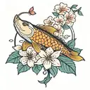 Incorporate iconic anime symbols like cherry blossoms and koi fish into a vibrant and dynamic tattoo design tattoo design idea
