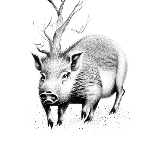 wild boar with tree and roots blended tattoo design idea
