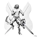 Centaur being rided by half man half horse, one trying to cut off the other handling huge scissors tattoo design idea