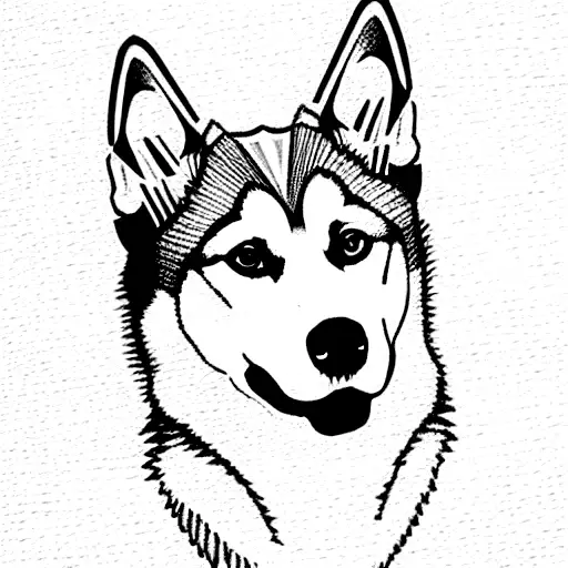círculo, con tres líneas que salen de el, de una sale una silueta de un husky y bajo el una flecha y un diamante tattoo design idea