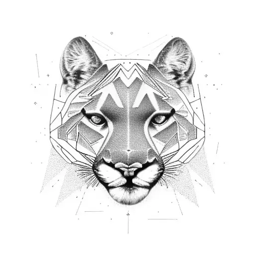 A majestic puma in a dotwork style, surrounded by symbols of your favorite sports and gaming icons. tattoo design idea