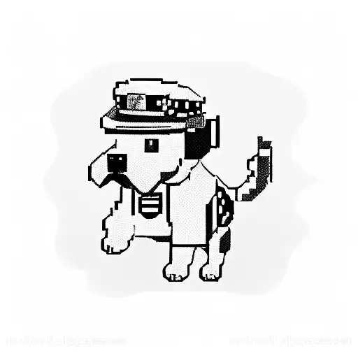 A gamer police officer in a blackwork style, depicted as a pixelated character with a pitbull companion, representing your passion for gaming and your furry friend. tattoo design idea