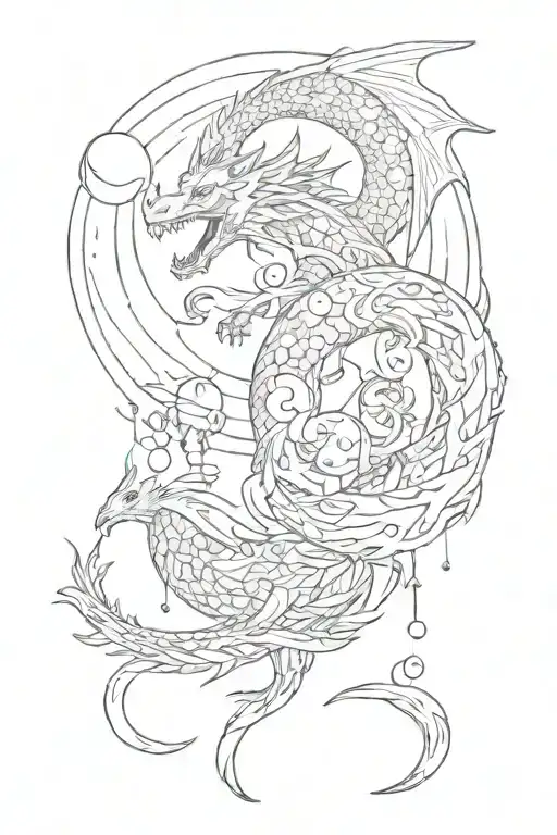 soft dragon and moon phases tattoo design idea