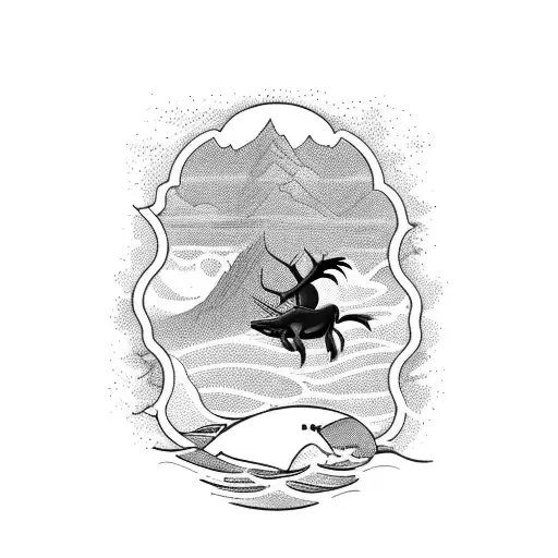 A silhouette of a hunter in the mountains with a large mouth bass jumping out of the water in the background tattoo design idea