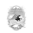 A silhouette of a hunter in the mountains with a large mouth bass jumping out of the water in the background tattoo design idea