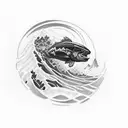 A silhouette of a hunter in the mountains with a large mouth bass jumping out of the water in the background tattoo design idea