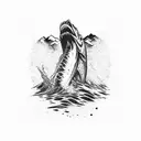 A silhouette of a hunter in the mountains with a large mouth bass jumping out of the water in the background tattoo design idea