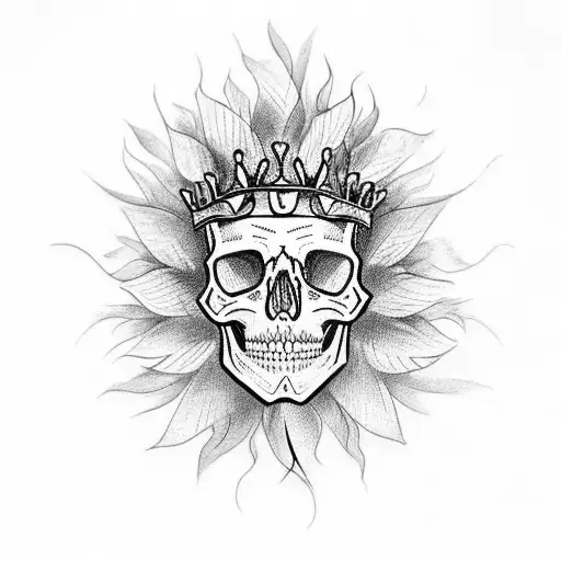 A skull wearing a crown of sunflowers and feathers, symbolizing the balance between beauty and mortality tattoo design idea