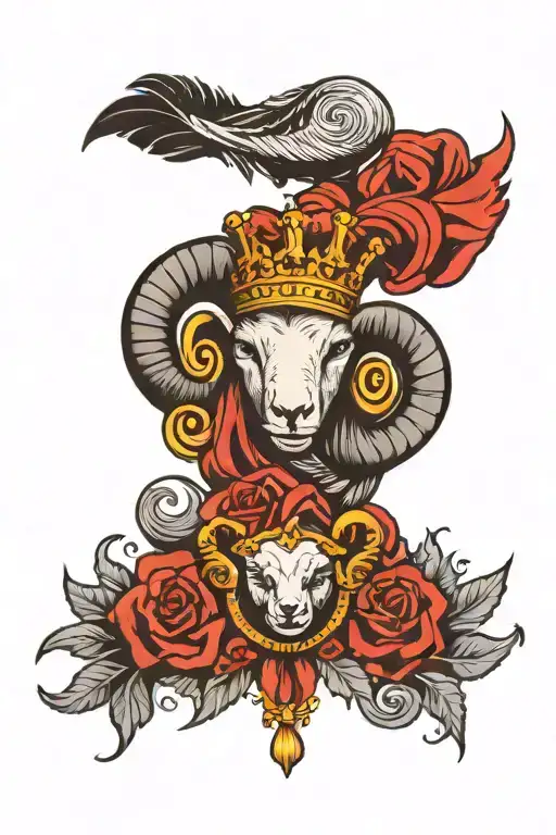 crown and scroll and feather and ram horn  tattoo design idea