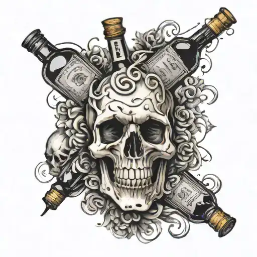 A swirling vortex of rum bottles with a skull at the center tattoo design idea