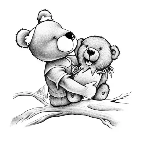 Peter Pan laying on a tree holding a teddy bear looking at the horizon tattoo design idea