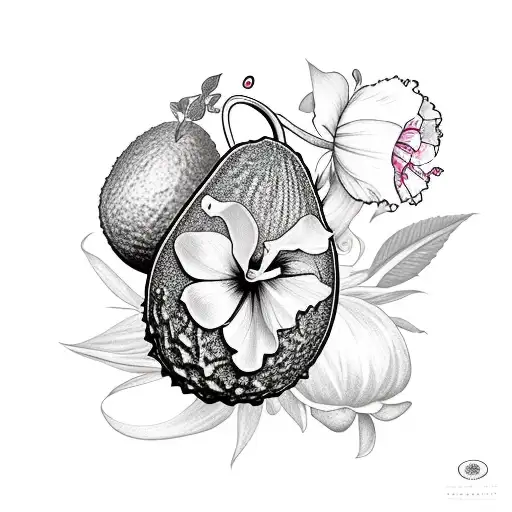 Avocado with hibiscus, Peony and Lily of the Valley  tattoo design idea