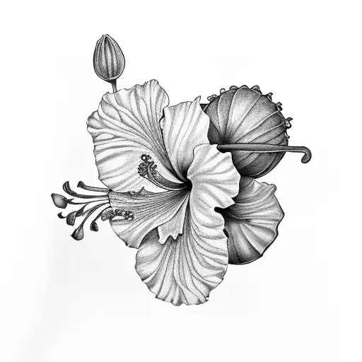 Hibiscus, Lily of the vallies, peony and Avocado  tattoo design idea