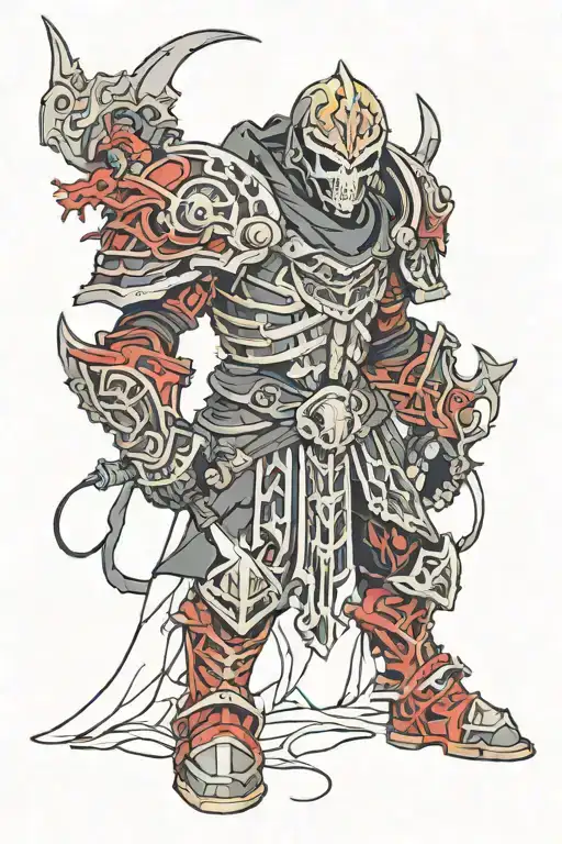 necromancer wearing black and red armour  tattoo design idea