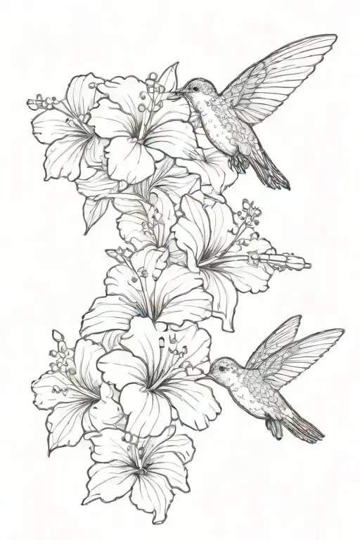 hibiscus flowers, hummingbird, bee, flowers, sleeve, ornamental tattoo design idea