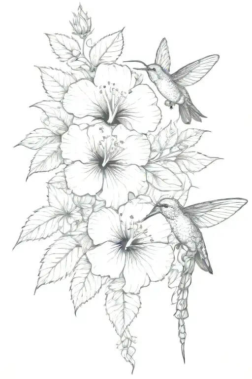 hibiscus flowers, one hummingbird, swallowtail butterfly, ornamental, bee, strawberry, mulberry, praying mantis, flowers tattoo design idea