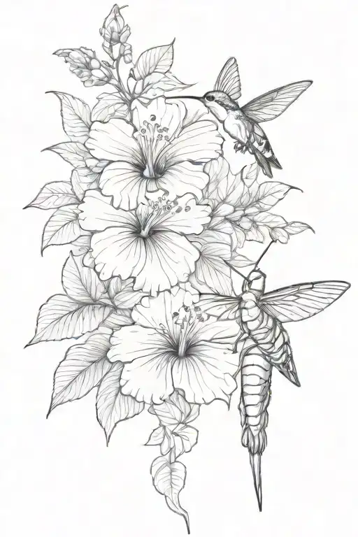 hibiscus flowers, one hummingbird, swallowtail butterfly, ornamental, bee, strawberry, mulberry, praying mantis, flowers tattoo design idea