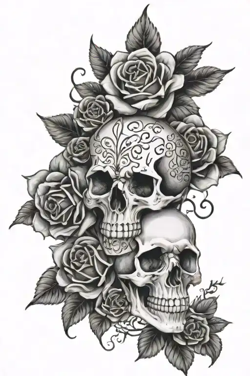 family roses skull tattoo design idea