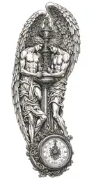 two angels holding a scale with broken hearts inside tattoo design idea