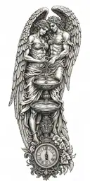 two angels holding a scale with broken hearts inside tattoo design idea