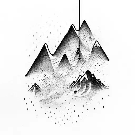 rain chain with bottom raindrop filled with mountain scene tattoo design idea
