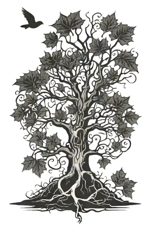 a plane tree with roots which have one "M" and one "N" letter under ground and falling flying leaves tattoo design idea