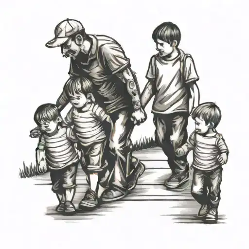 dad walking with 3 boys holding hands tattoo design idea