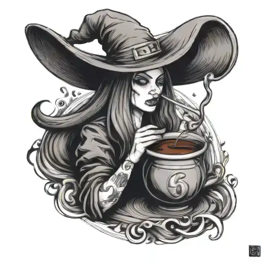 A witch brewing a potion in a coffee cup, combining the client's love for witchcraft and coffee in a unique way tattoo design idea