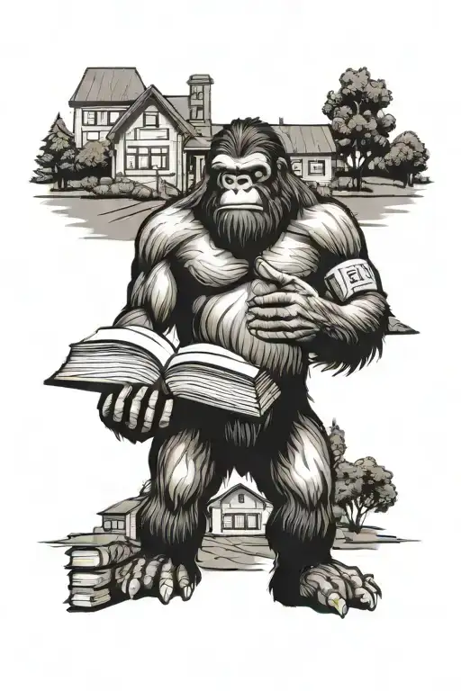 Bigfoot holding a book with a school building in the background tattoo design idea