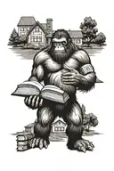 Bigfoot holding a book with a school building in the background tattoo design idea